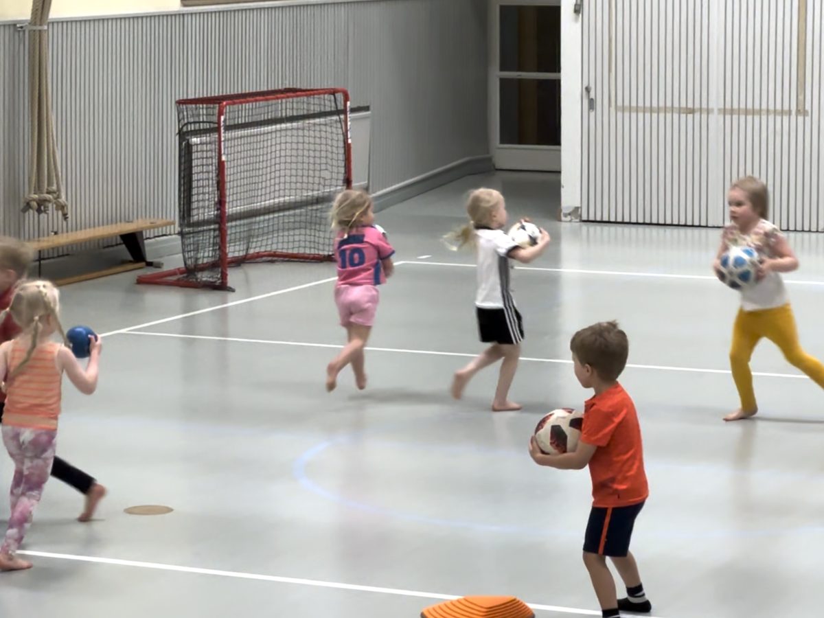 Lapsia pelaamassa pallojen kanssa liikuntasalissa